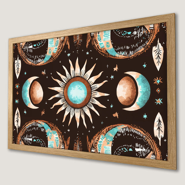 Framed Poster featuring celestial design in boho style with brown, teal, and tan color palette. Perfect wall art for any room.