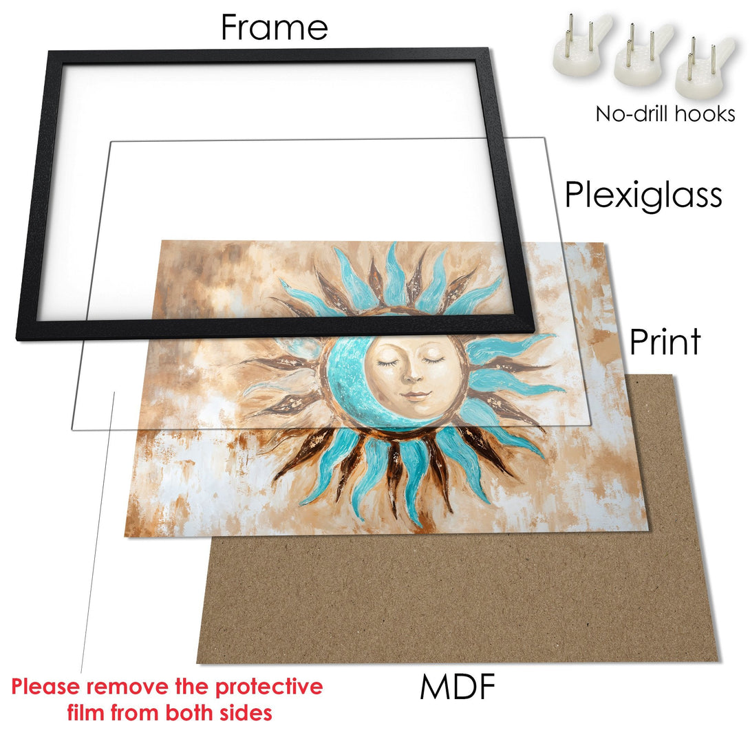 Framed Poster featuring a sun and moon art print. Earthy tones with teal accents. Perfect wall decor for any room.
