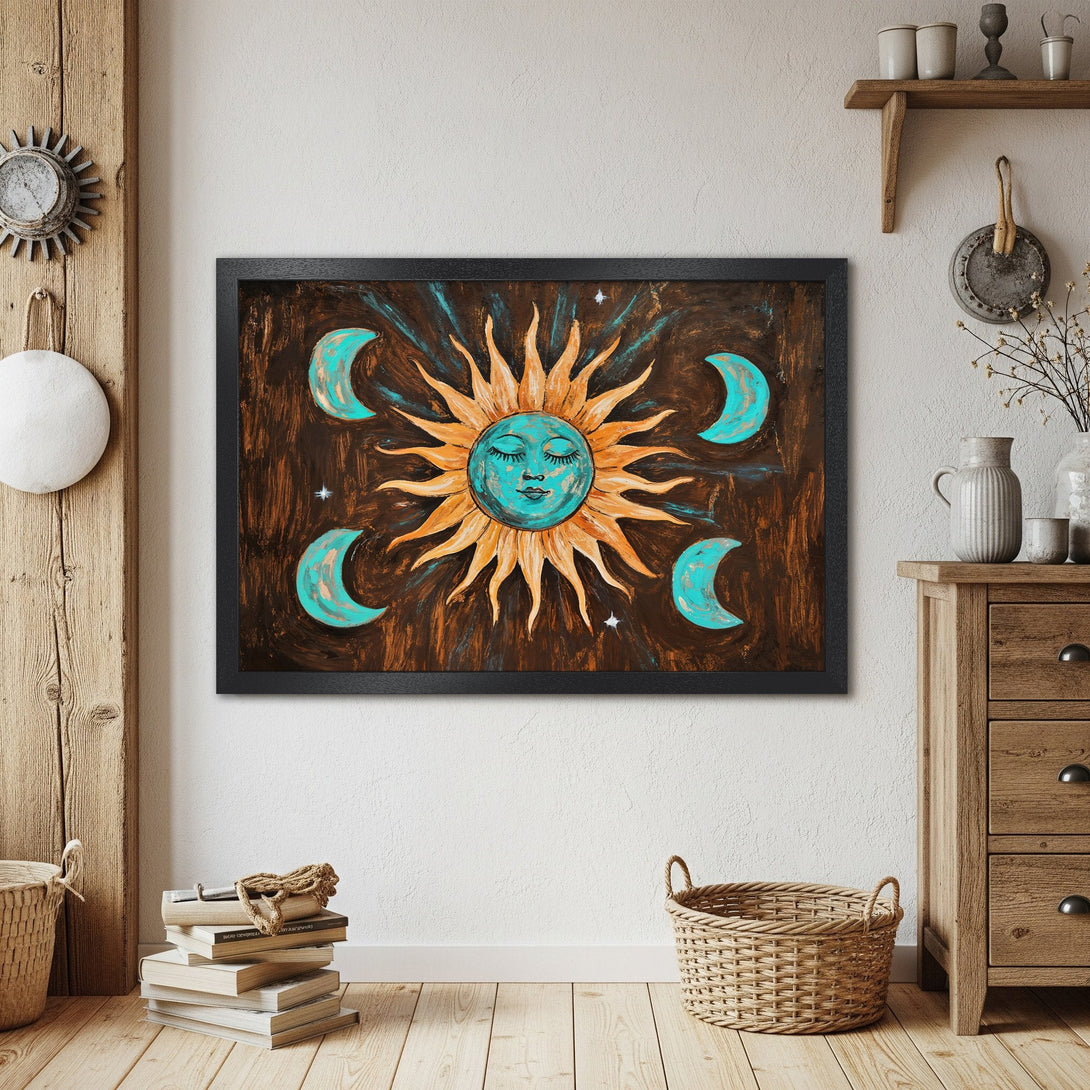Framed Poster featuring a celestial sun and moon design in turquoise and brown tones. Boho art for your home decor.