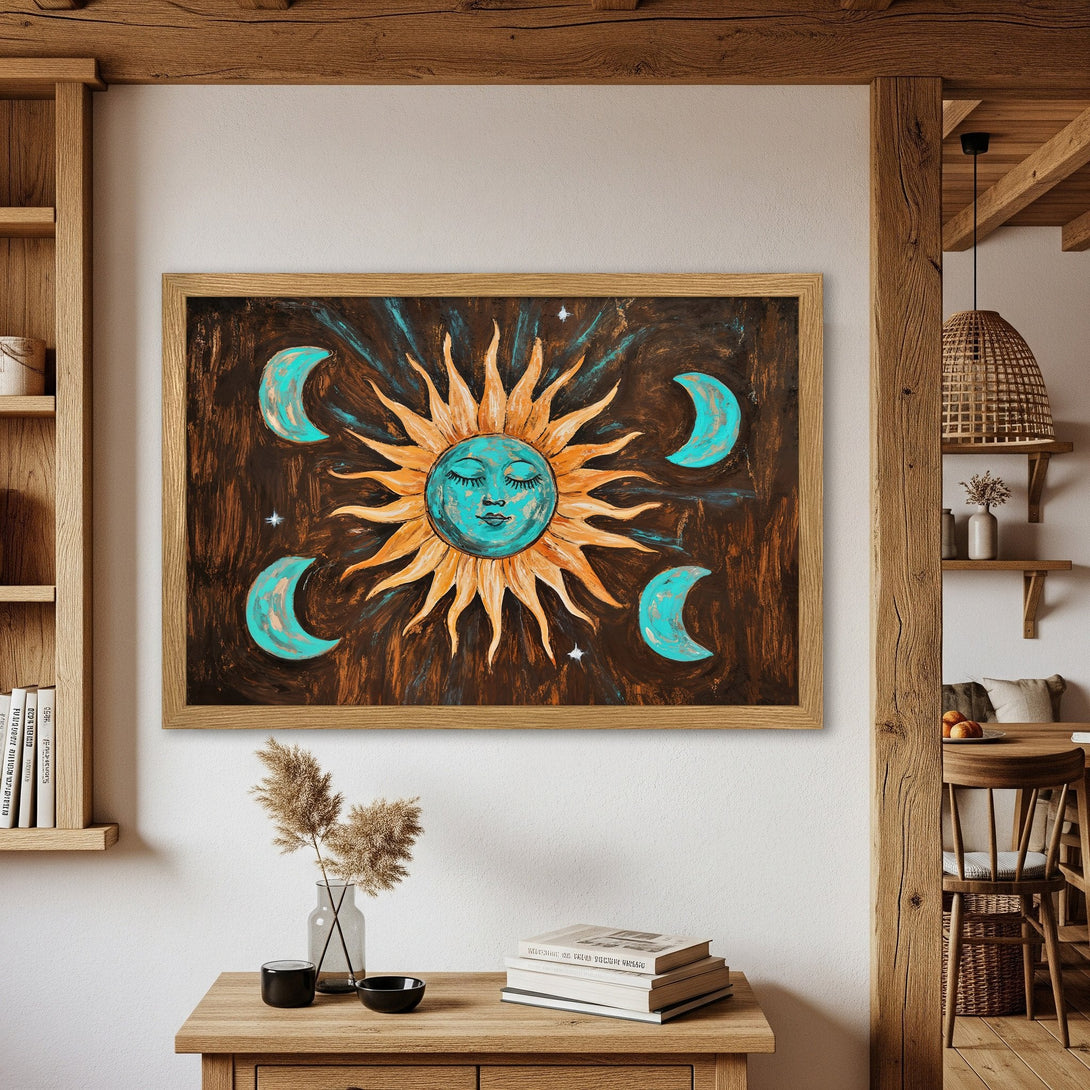 Framed Poster featuring a celestial sun and moon art print in a warm, earthy color palette. Perfect wall decor for any room!
