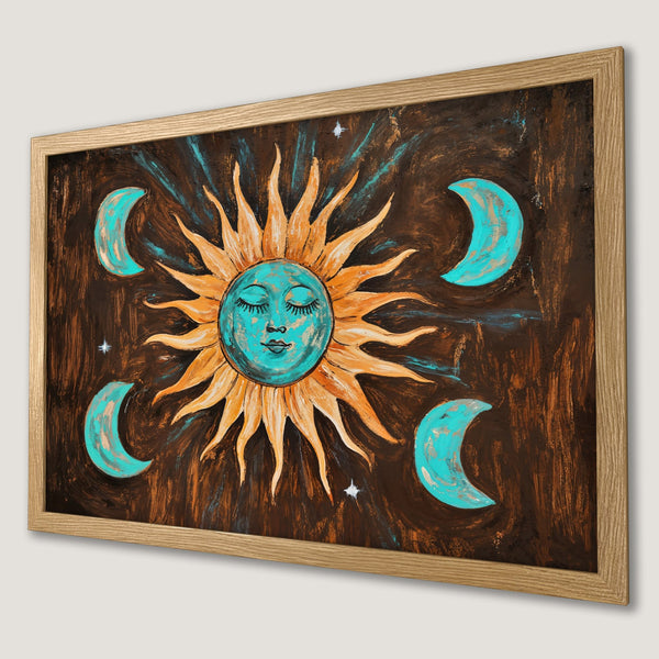 Framed Poster featuring a celestial sun & moon design in a bohemian style with a brown, teal, and orange color palette.