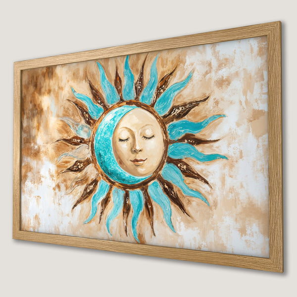 Framed Poster featuring a serene sun and moon art piece in a warm, earthy palette with teal accents.