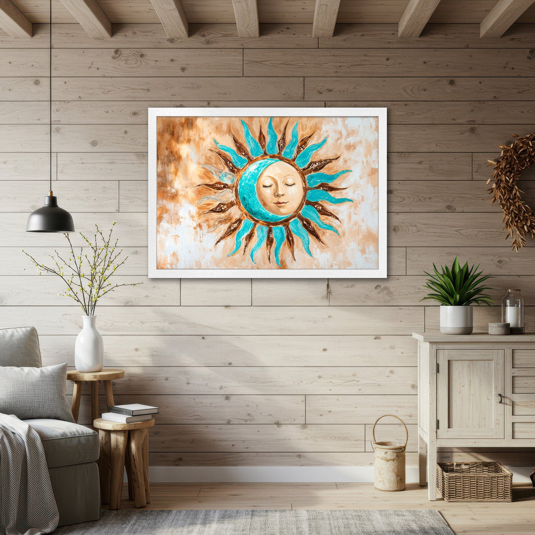 Framed Poster featuring a celestial sun and moon design in teal, brown, and beige, perfect for boho decor.