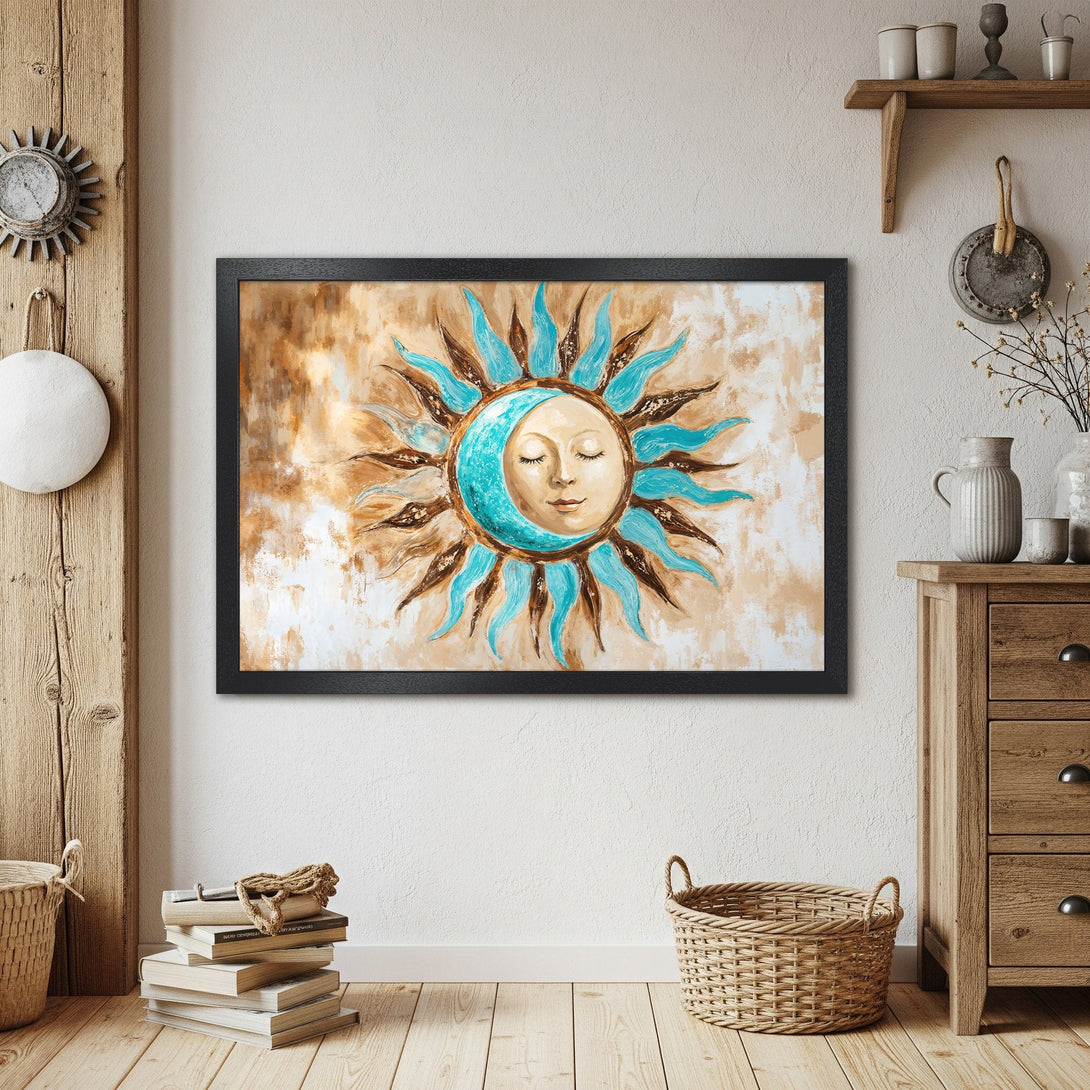 Framed Poster of sun and moon art in turquoise and brown tones, perfect for bohemian decor.