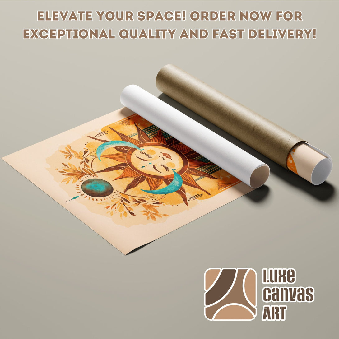 Poster Roll featuring a sun and moon design in warm tones. Perfect for adding bohemian art to your space!