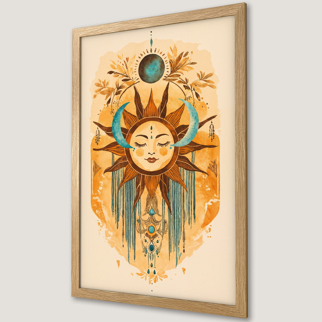 Framed Poster featuring a celestial sun and moon design in watercolor style. Warm orange, teal, and beige color palette. Add bohemian vibes to your space!