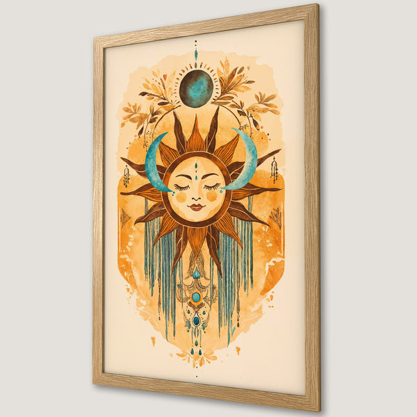 Framed Poster featuring a celestial sun and moon design in watercolor style. Warm orange, teal, and beige color palette. Add bohemian vibes to your space!