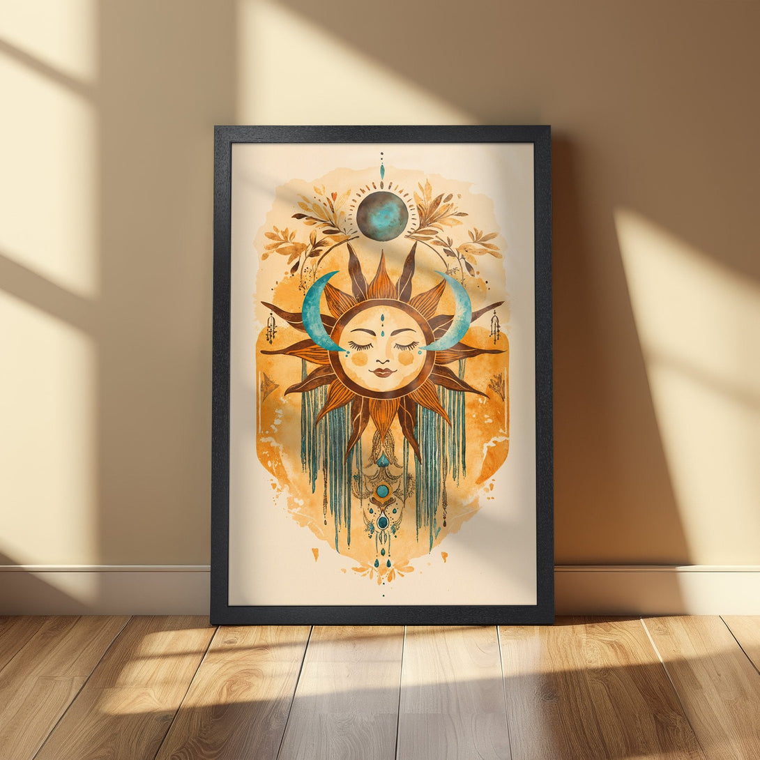 Framed Poster featuring a watercolor sun and moon design in earthy tones. Perfect boho wall art for your home!