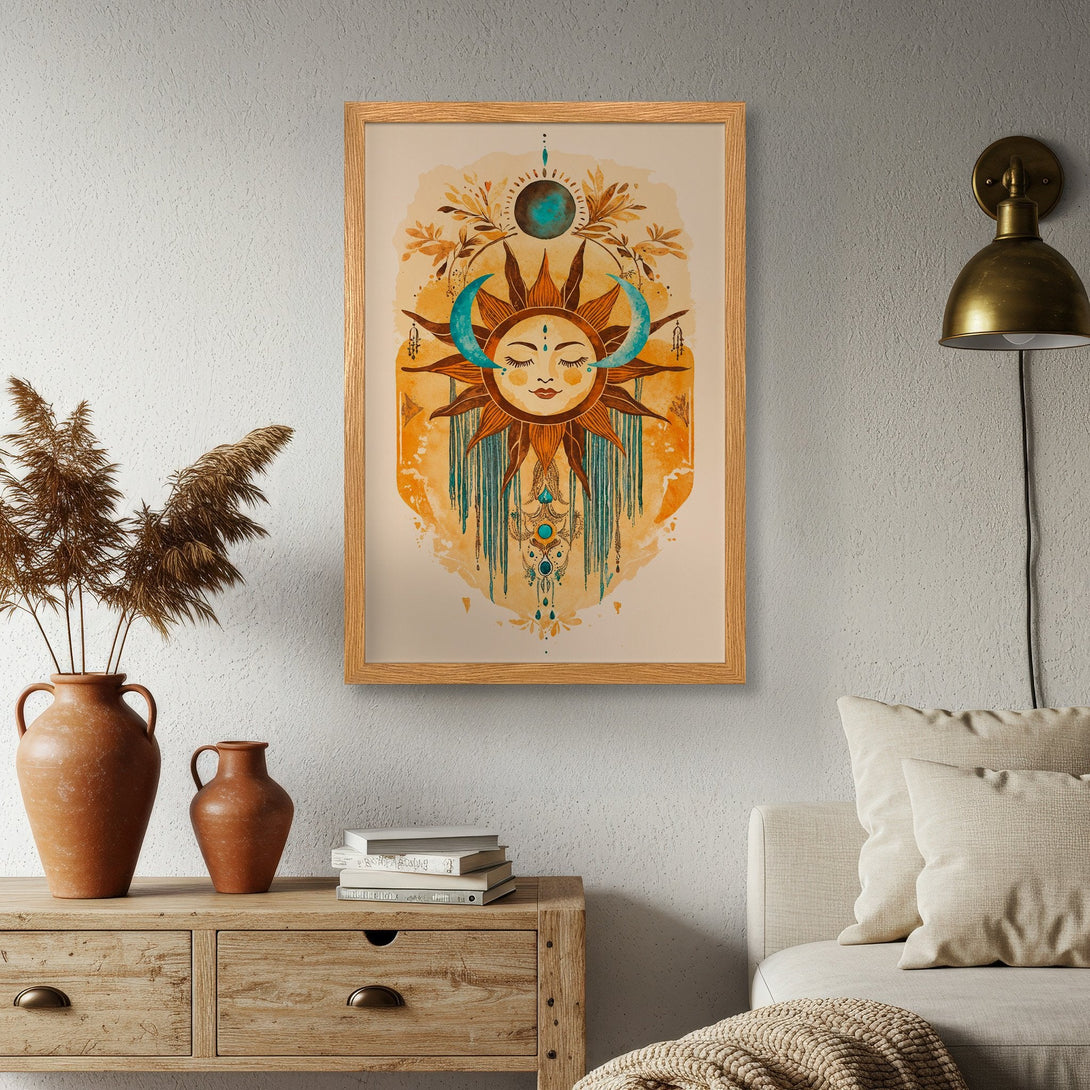 Framed Poster featuring a sun and moon illustration in a bohemian style, warm color palette of orange, teal, and brown. Perfect wall art!