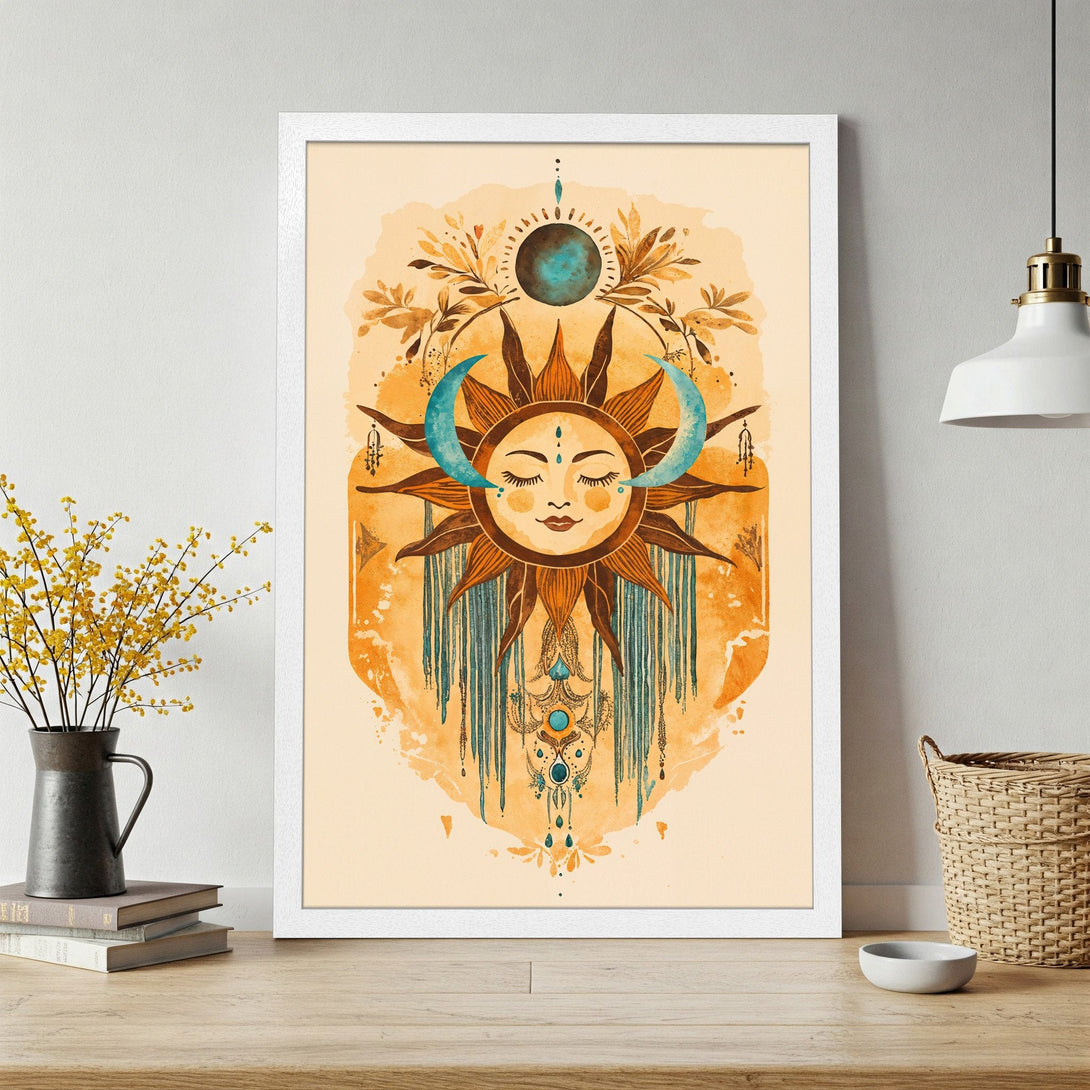 Framed Poster featuring a boho sun and moon design in warm orange and teal tones. Perfect wall art for a stylish home.