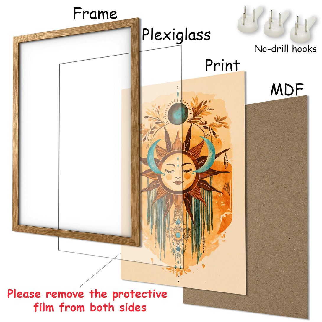 Framed Poster featuring a celestial sun design in warm orange and teal tones. Perfect wall art for any space!