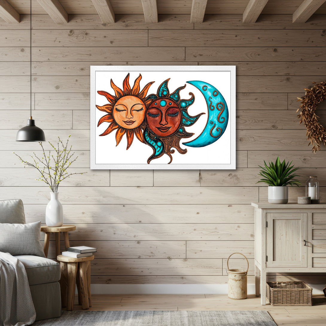 Framed Poster featuring a sun and moon illustration in a boho style with warm orange, brown, and turquoise colors. Perfect wall art!