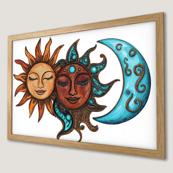 Framed Poster featuring sun and moon art, vibrant colors, and a bohemian style. Perfect wall decor.
