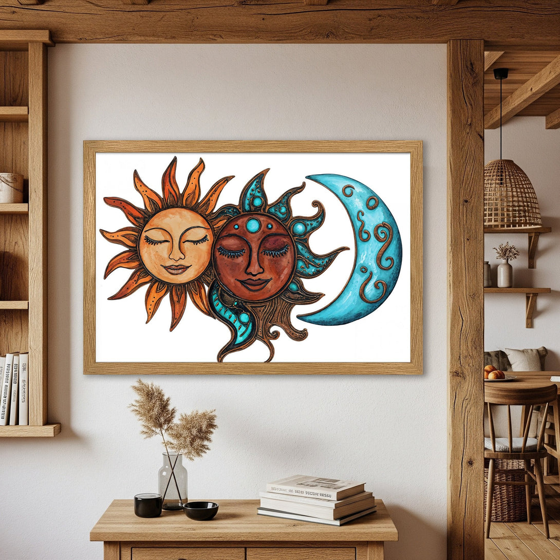 Framed Poster featuring a sun, moon, and stars in a whimsical style with warm orange, teal, and brown tones. Perfect wall art!