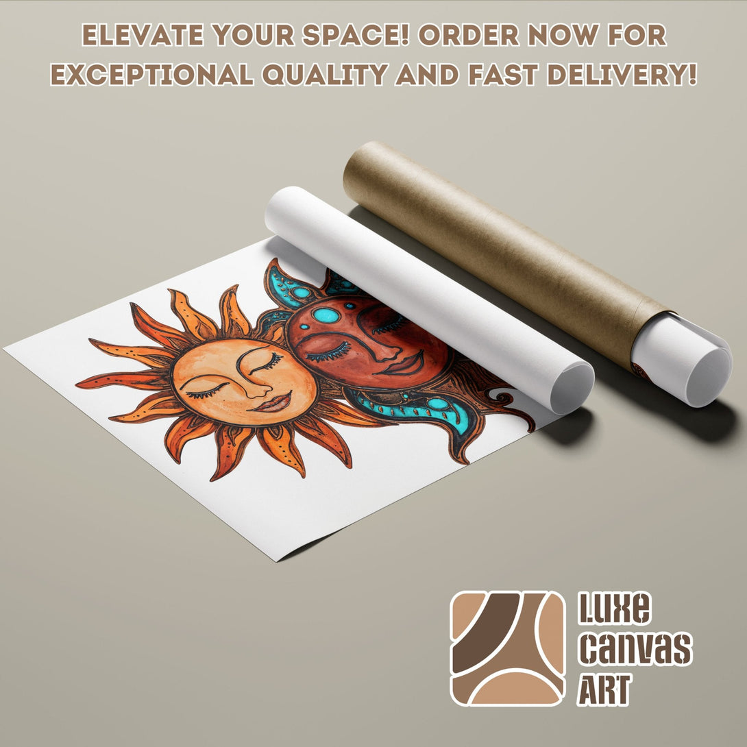 Boho sun & moon poster roll art print, warm orange & teal color palette. Elevate your space!