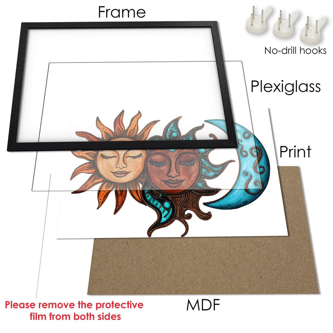 Framed Poster featuring a celestial sun and moon design in warm orange, brown, and teal tones. Perfect wall art!