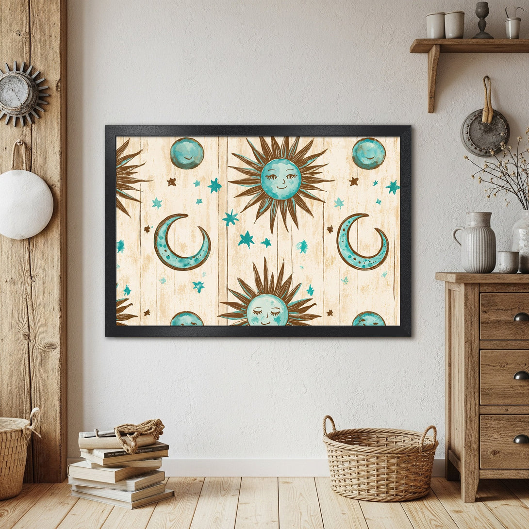 Framed Poster featuring a whimsical sun, moon, and stars design in a bohemian style with a teal and brown color palette.