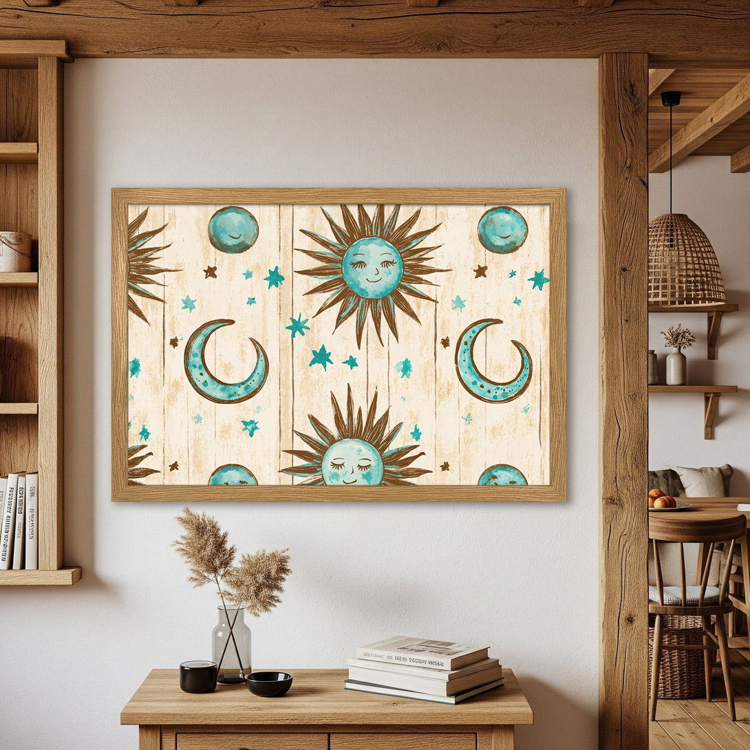 Framed Poster featuring a whimsical celestial pattern in turquoise and brown tones, perfect for adding a touch of boho style.