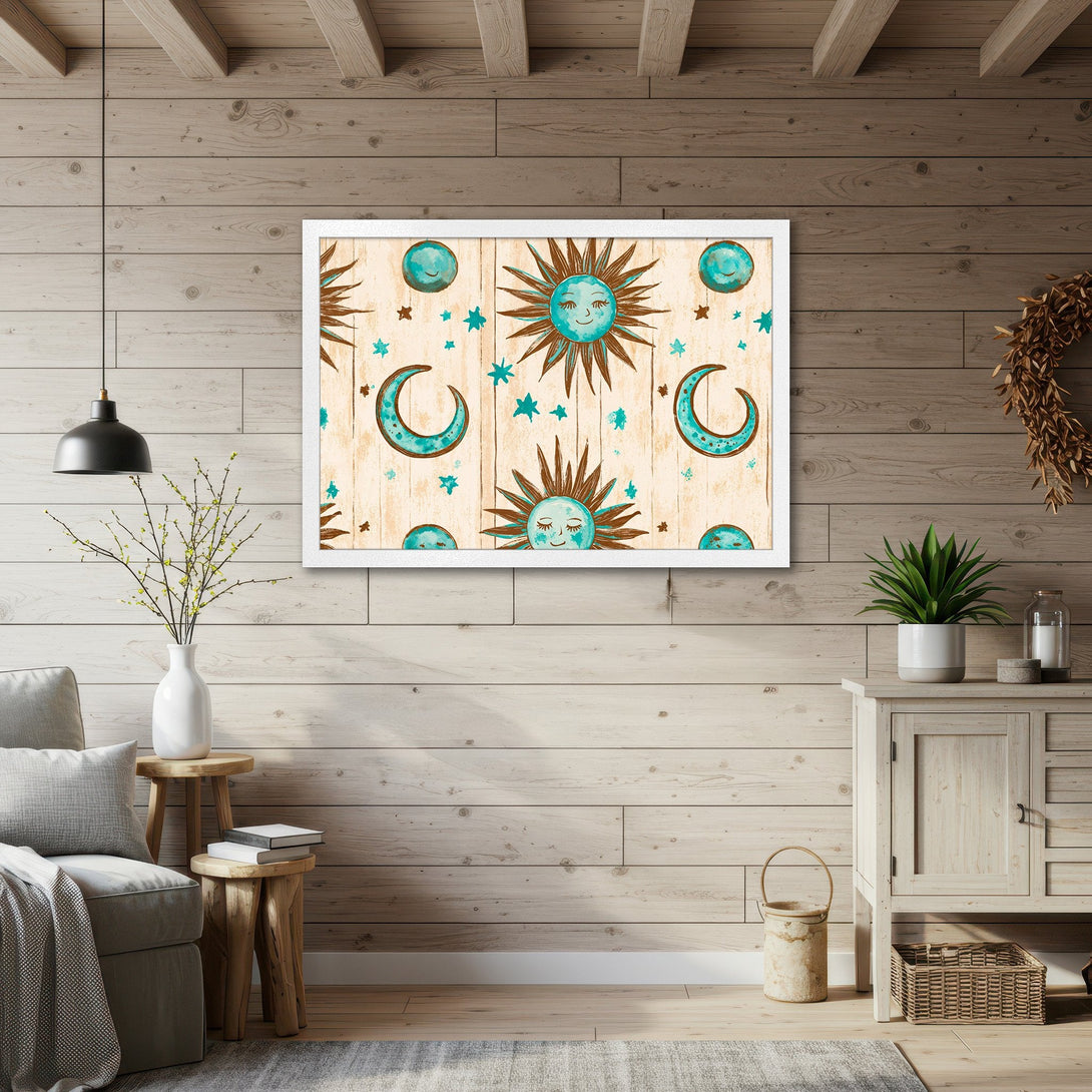 Framed Poster featuring a whimsical sun, moon, and stars design in a boho style, with a teal and brown color palette. Perfect wall art!