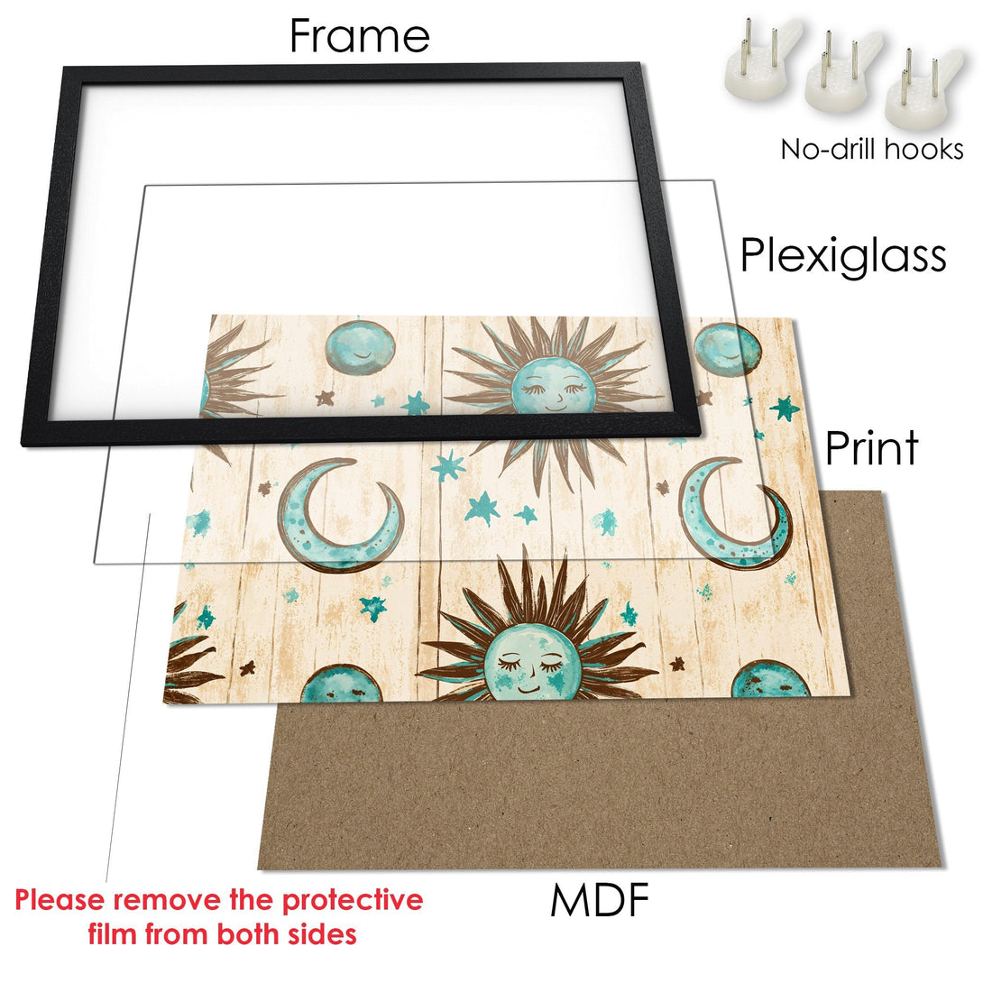 Framed Poster featuring a celestial sun and moon design in a watercolor style with a teal and brown color palette.