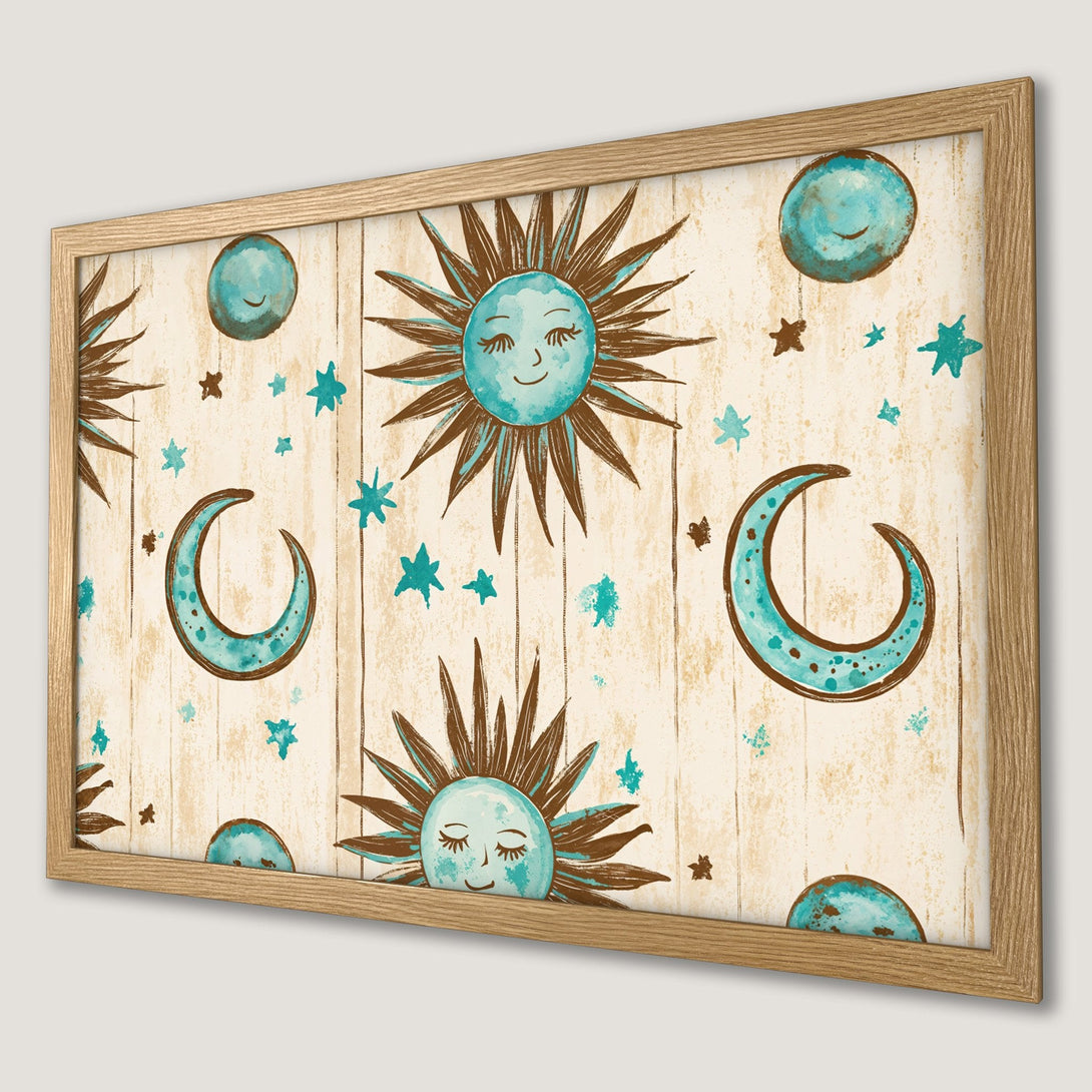 Framed Poster featuring a whimsical sun, moon, and stars design in teal and brown on a wood-look background. Perfect wall art.