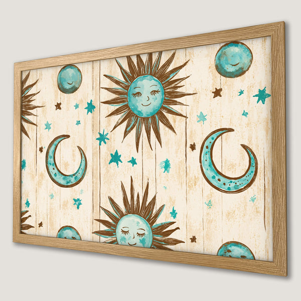Framed Poster featuring a whimsical sun, moon, and stars design in teal and brown on a wood-look background. Perfect wall art.