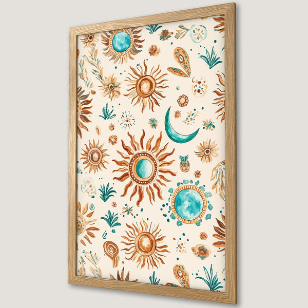 Framed Poster featuring watercolor sun and moon design in warm earth tones and teal. Perfect boho wall art!