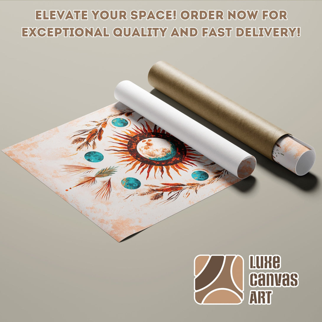 Poster Roll featuring a boho sun design in warm earth tones. Elevate your space with this unique art poster!