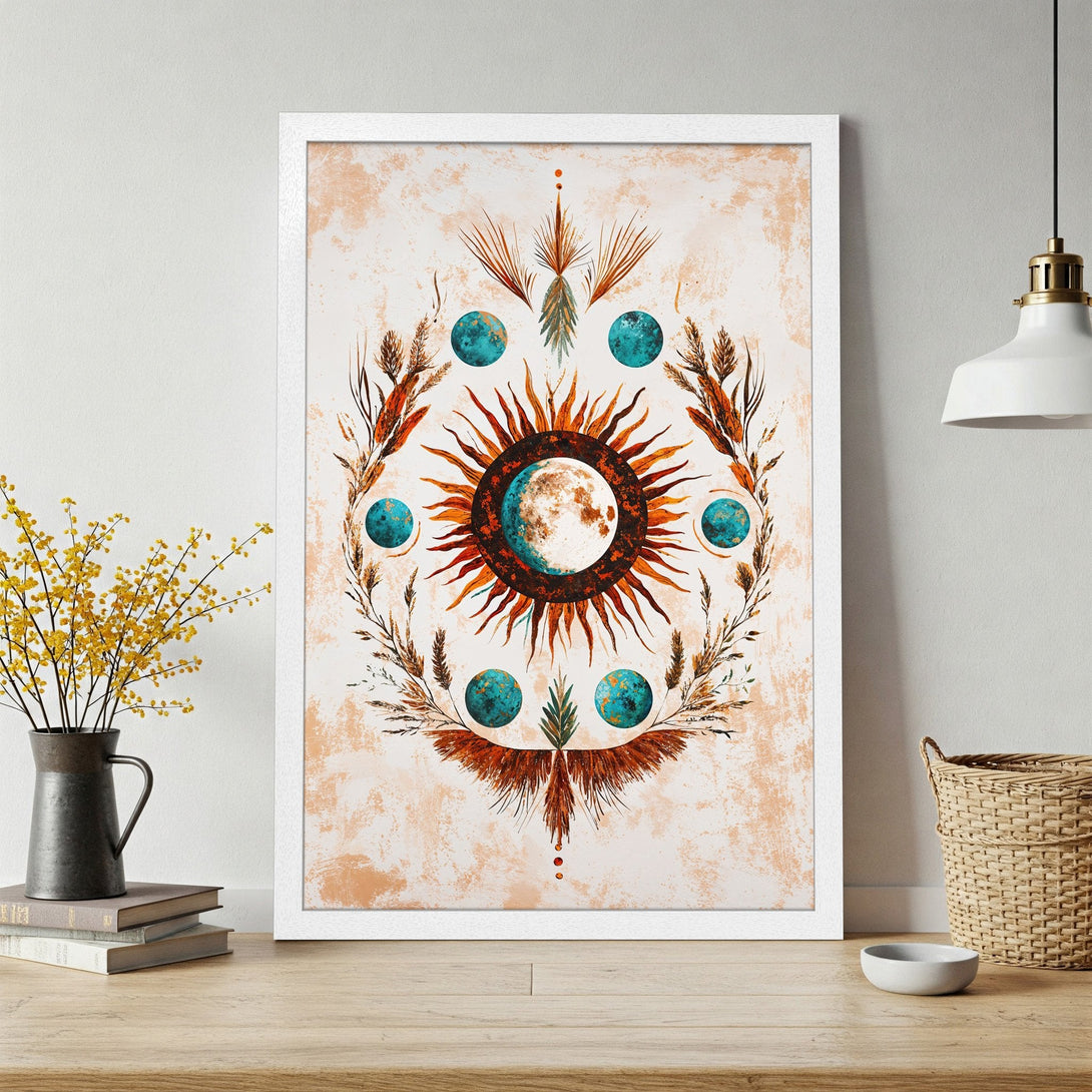 Framed Poster featuring a celestial design with sun, moon, and planets in warm orange and teal tones. Boho style art print.