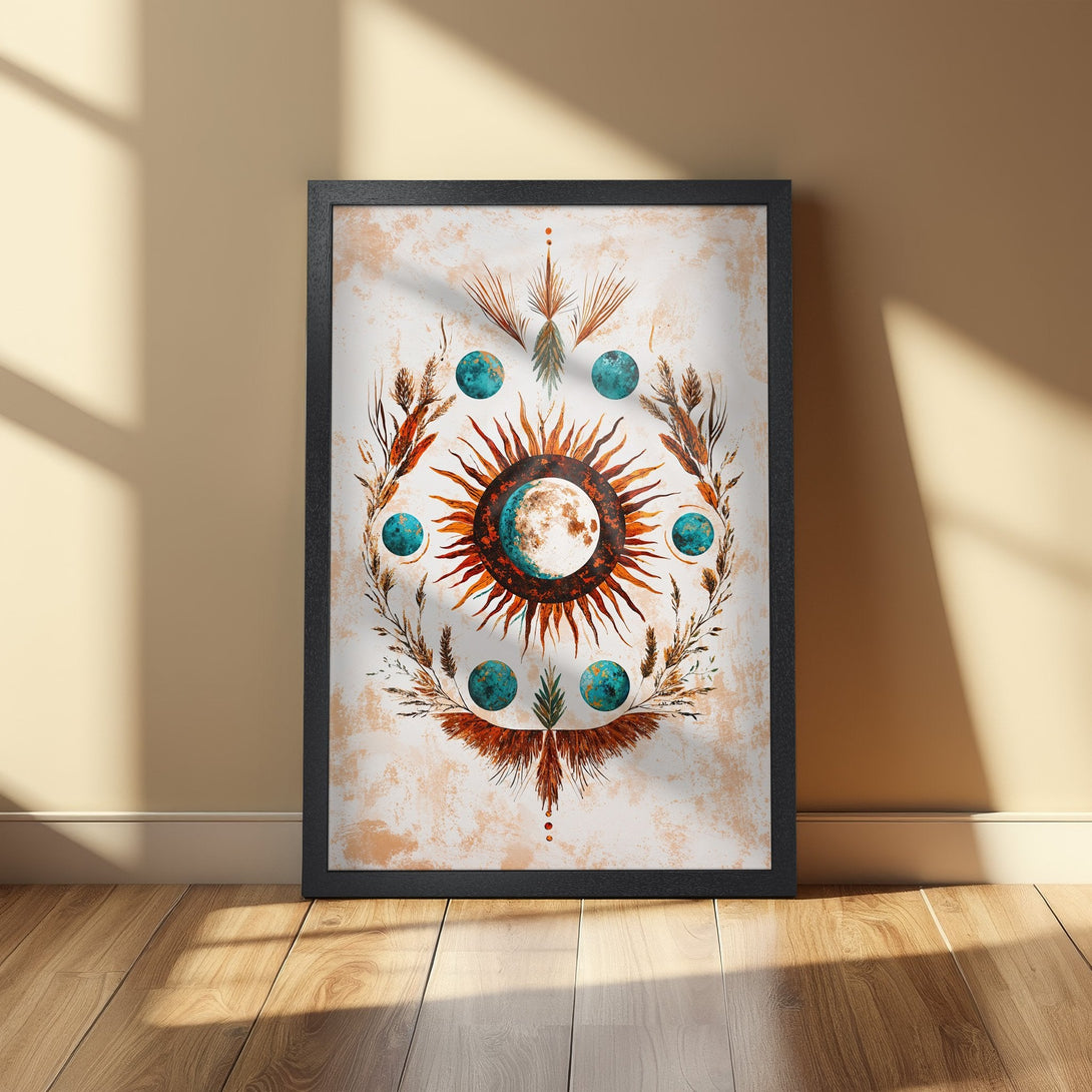 Framed Poster featuring a celestial design with sun, moon, and teal accents. Earthy tones and bohemian style, perfect wall art.