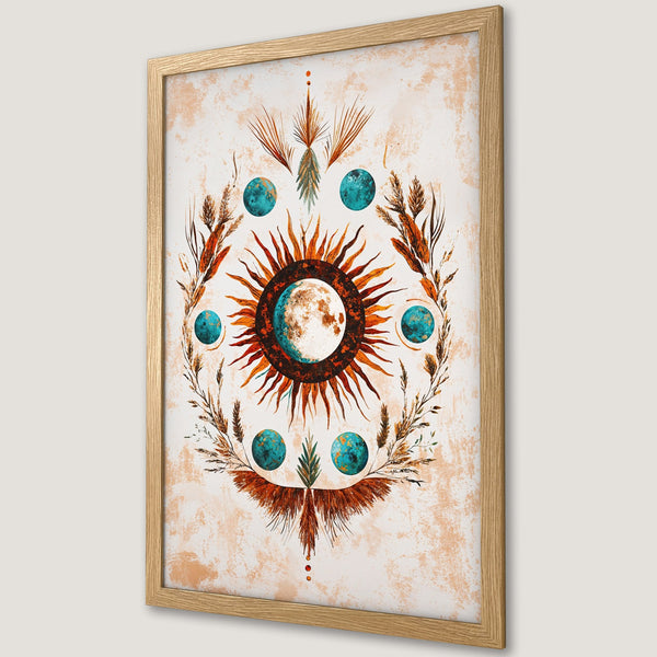 Framed Poster featuring a celestial design with a sun, moon, and planets in earthy tones. Perfect boho wall art.
