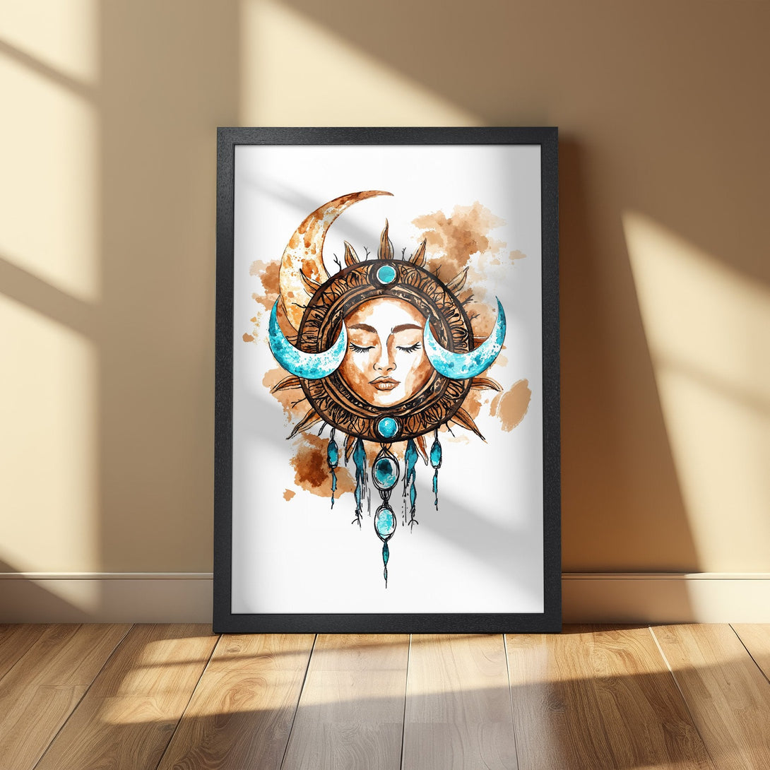 Framed Poster featuring a watercolor sun and moon design in earthy tones with teal accents. Perfect wall art for boho decor.