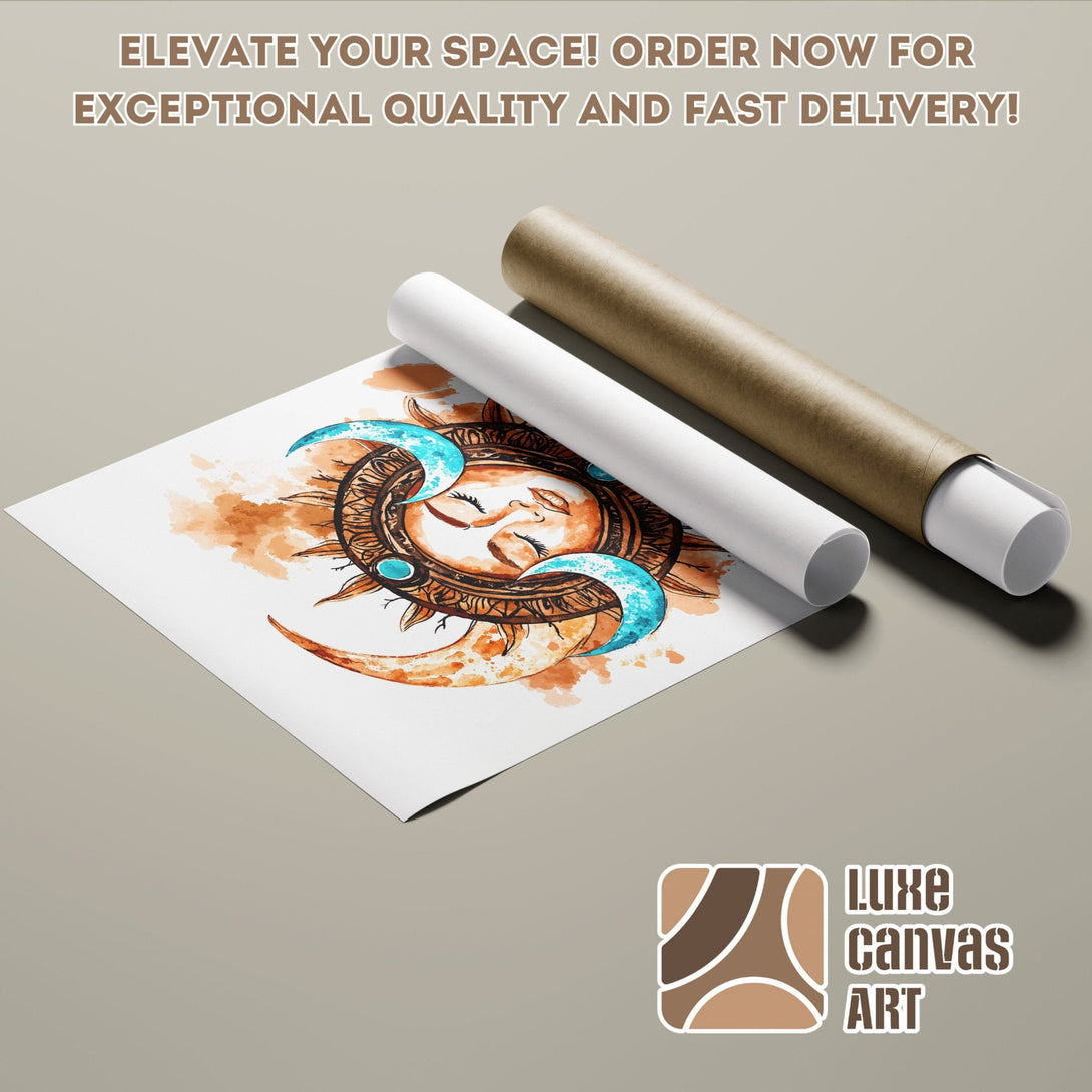 Poster Roll featuring a watercolor sun and moon design in warm earth tones and teal accents. Elevate your space with this art poster!