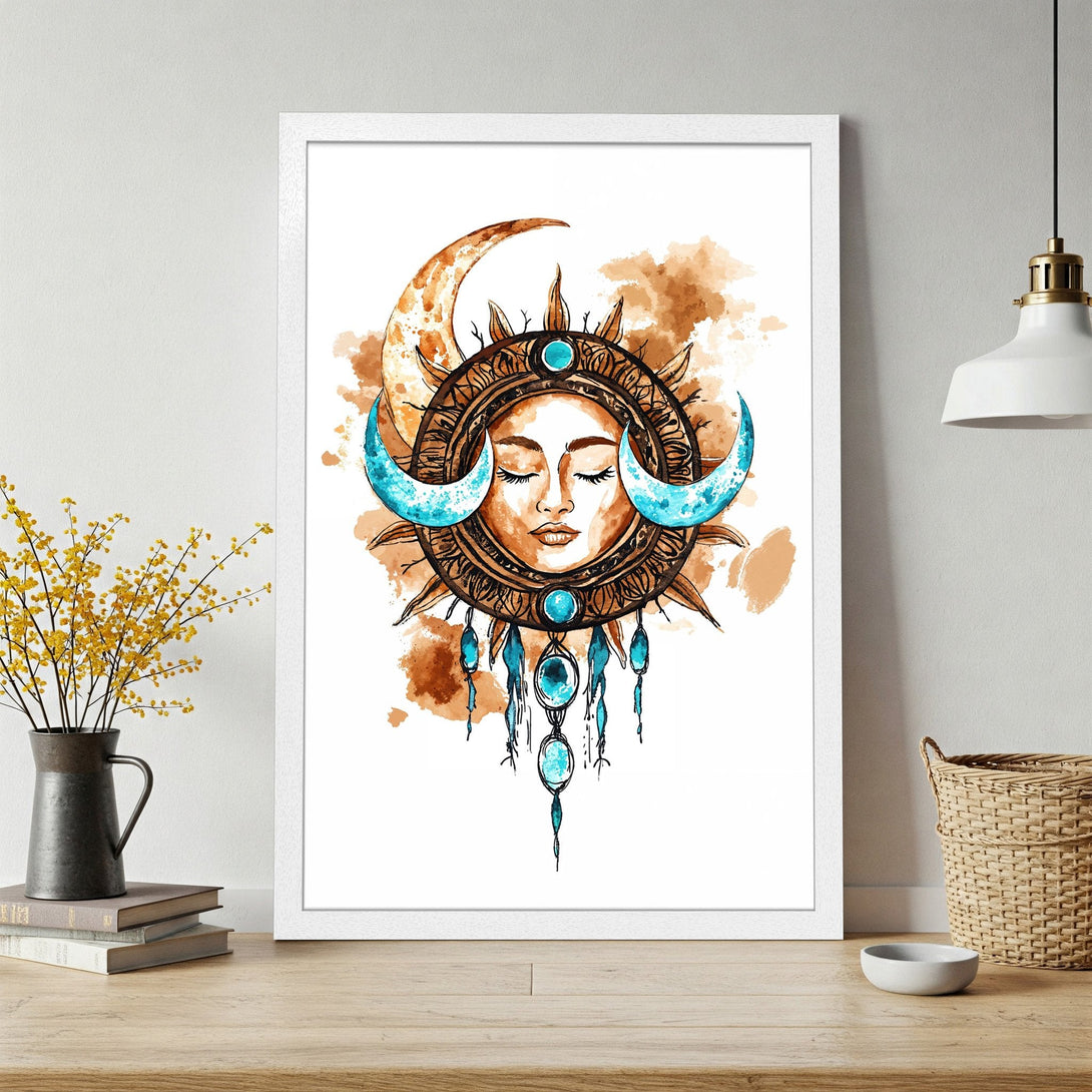 Framed Poster featuring a celestial sun and moon design in watercolor style with a brown and teal color palette. Perfect wall art!