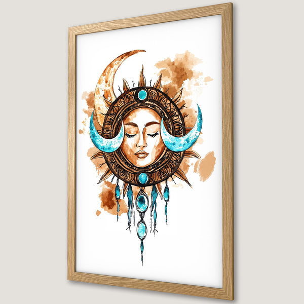 Framed Poster featuring a celestial watercolor design. Earthy tones with teal accents. Perfect for adding a bohemian touch to your space!