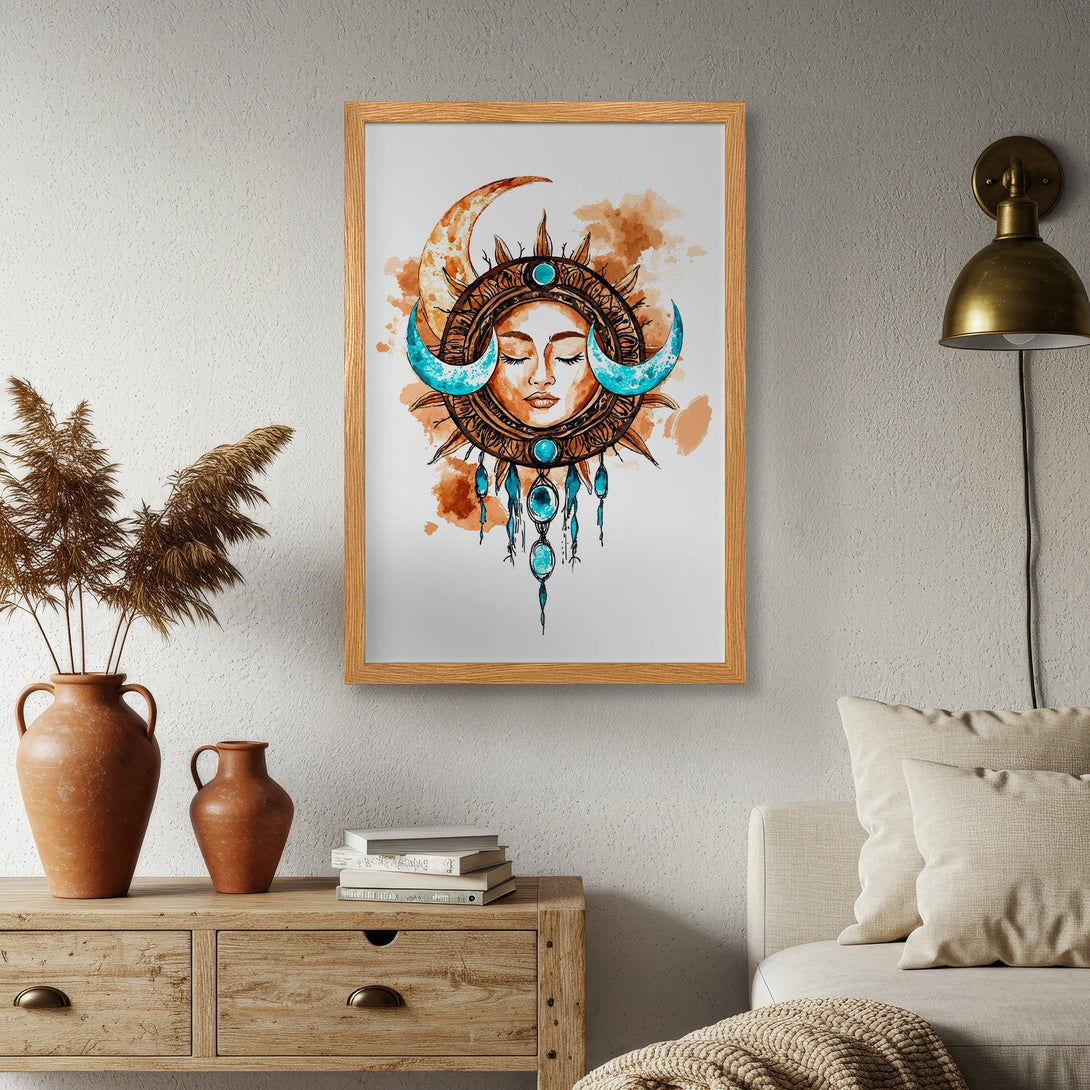 Framed Poster featuring a celestial watercolor design in earthy tones of brown, beige, and turquoise. Perfect wall art for a boho aesthetic.
