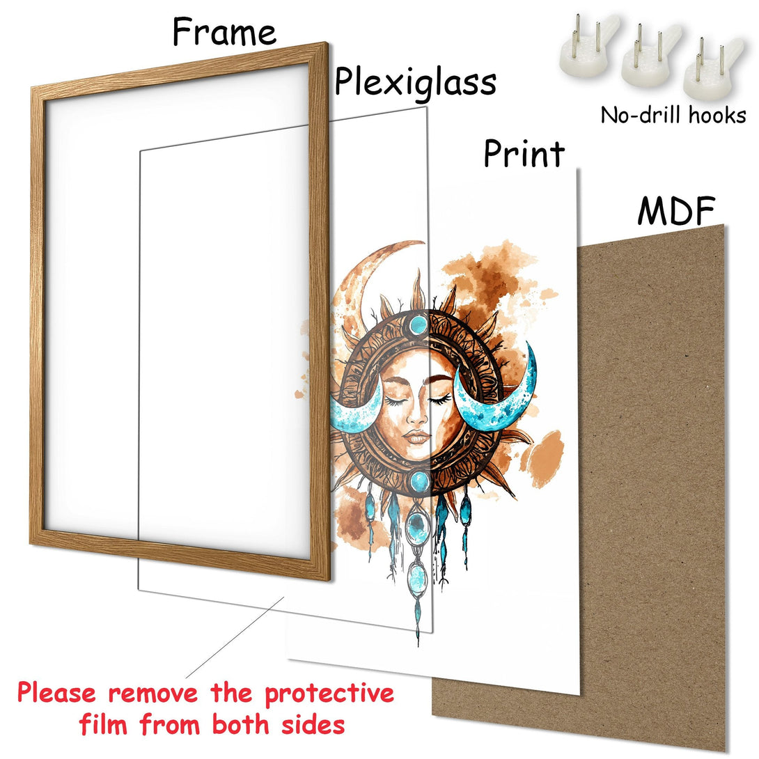 Framed Poster featuring a sun and moon design in watercolor style, with a brown and teal color palette, ready to hang.