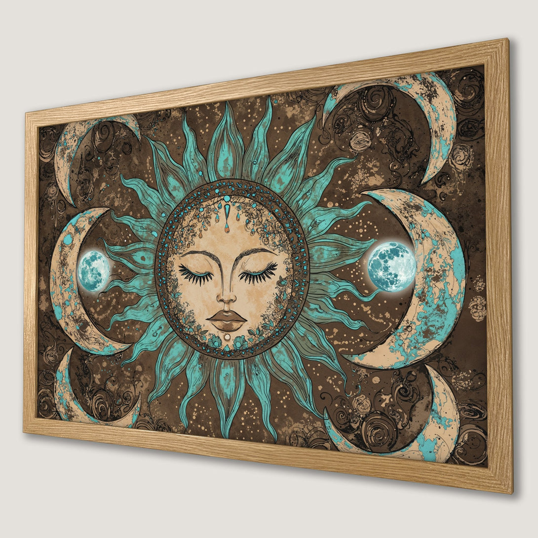 Framed Poster featuring a celestial sun and moon design in a vintage style with teal and brown tones. Perfect wall art!