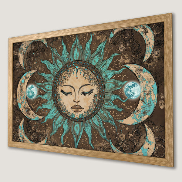 Framed Poster featuring a celestial sun and moon design in a vintage style with teal and brown tones. Perfect wall art!