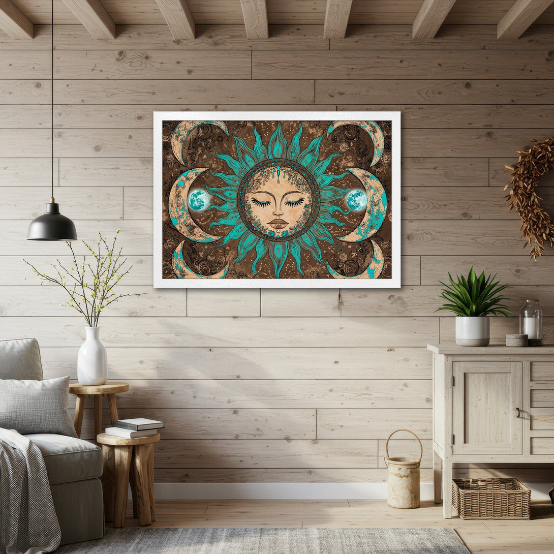 Framed Poster featuring a celestial sun and moon design in teal, brown, and beige tones. Perfect wall art for boho decor!