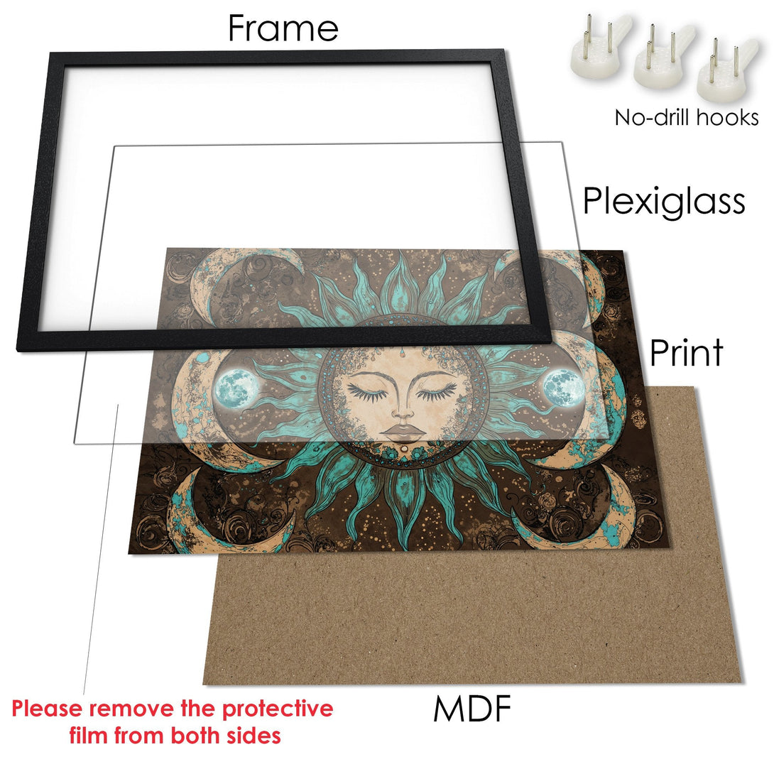 Framed Poster featuring a celestial sun and moon design in teal and brown tones. Perfect wall art!