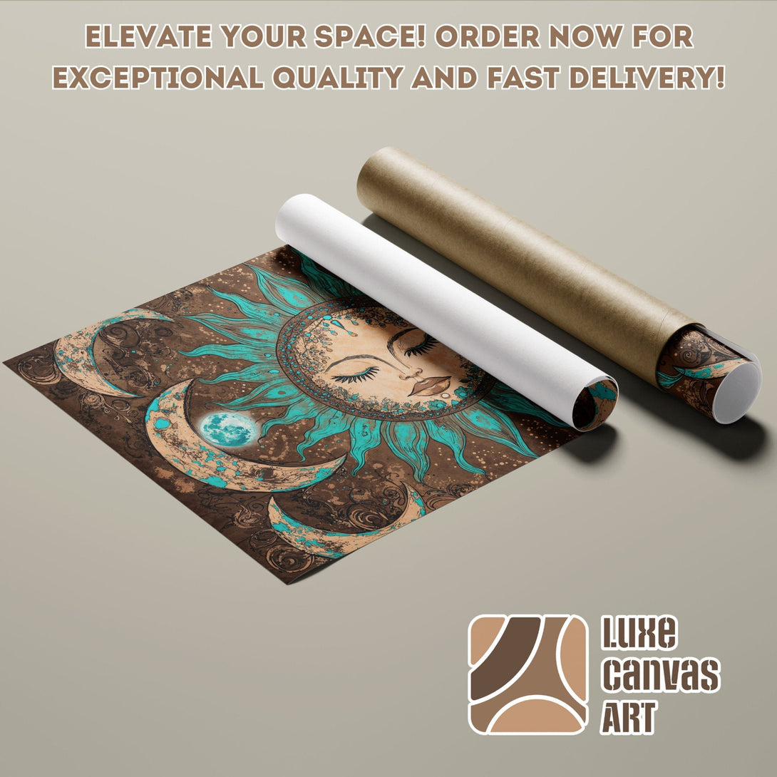 Bohemian sun and moon Poster Roll in brown and teal. Elevate your space with unique art!