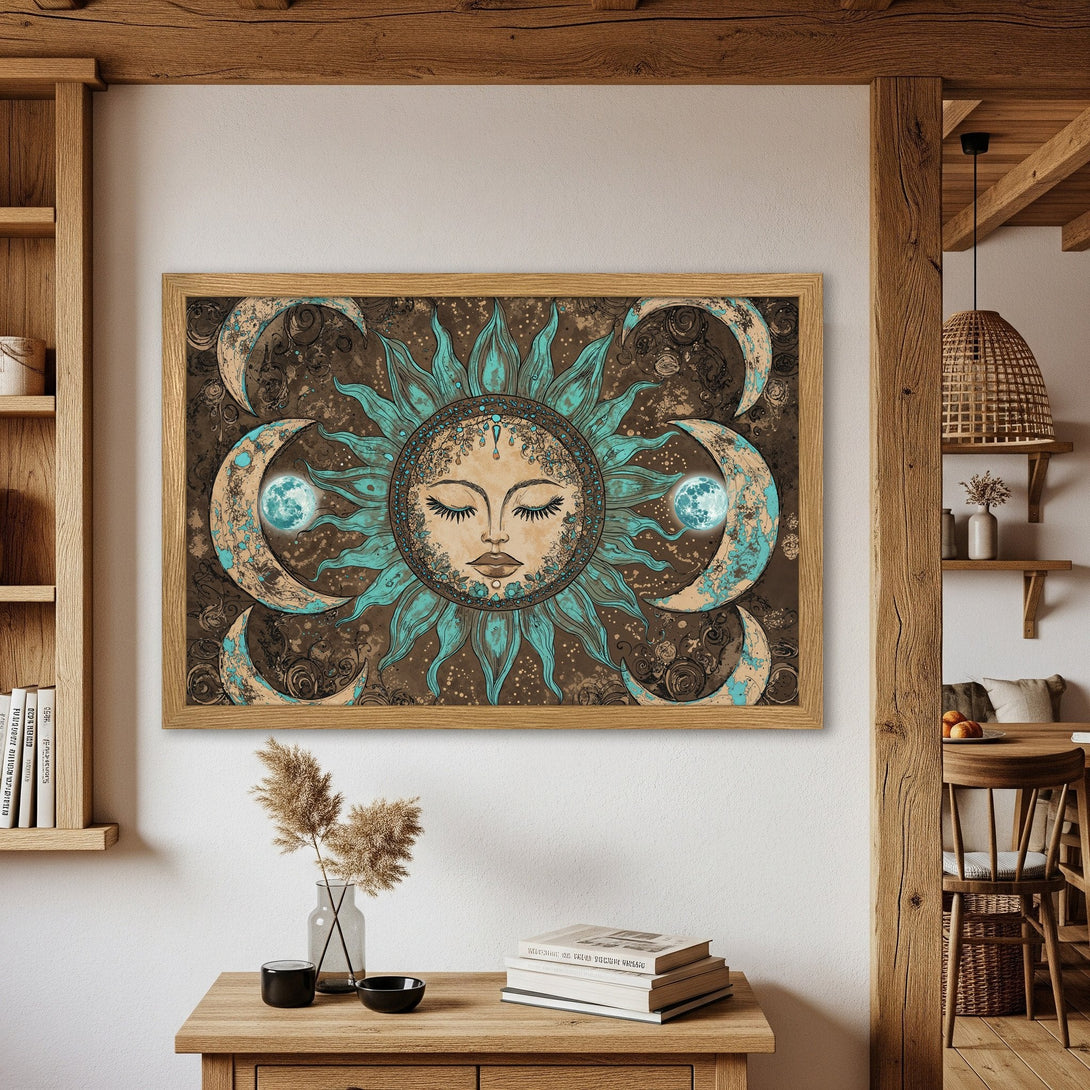 Framed Poster featuring a celestial sun and moon design in teal and brown tones. Boho wall art for a stylish home.