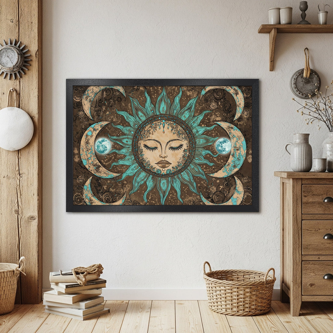 Framed Poster featuring a celestial sun and moon design in teal and brown, perfect for boho decor.