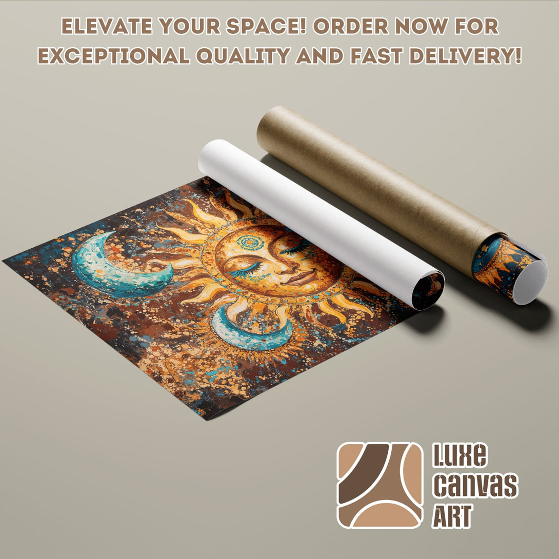 Abstract sun and moon Poster Roll art, warm color palette, perfect for home decor.
