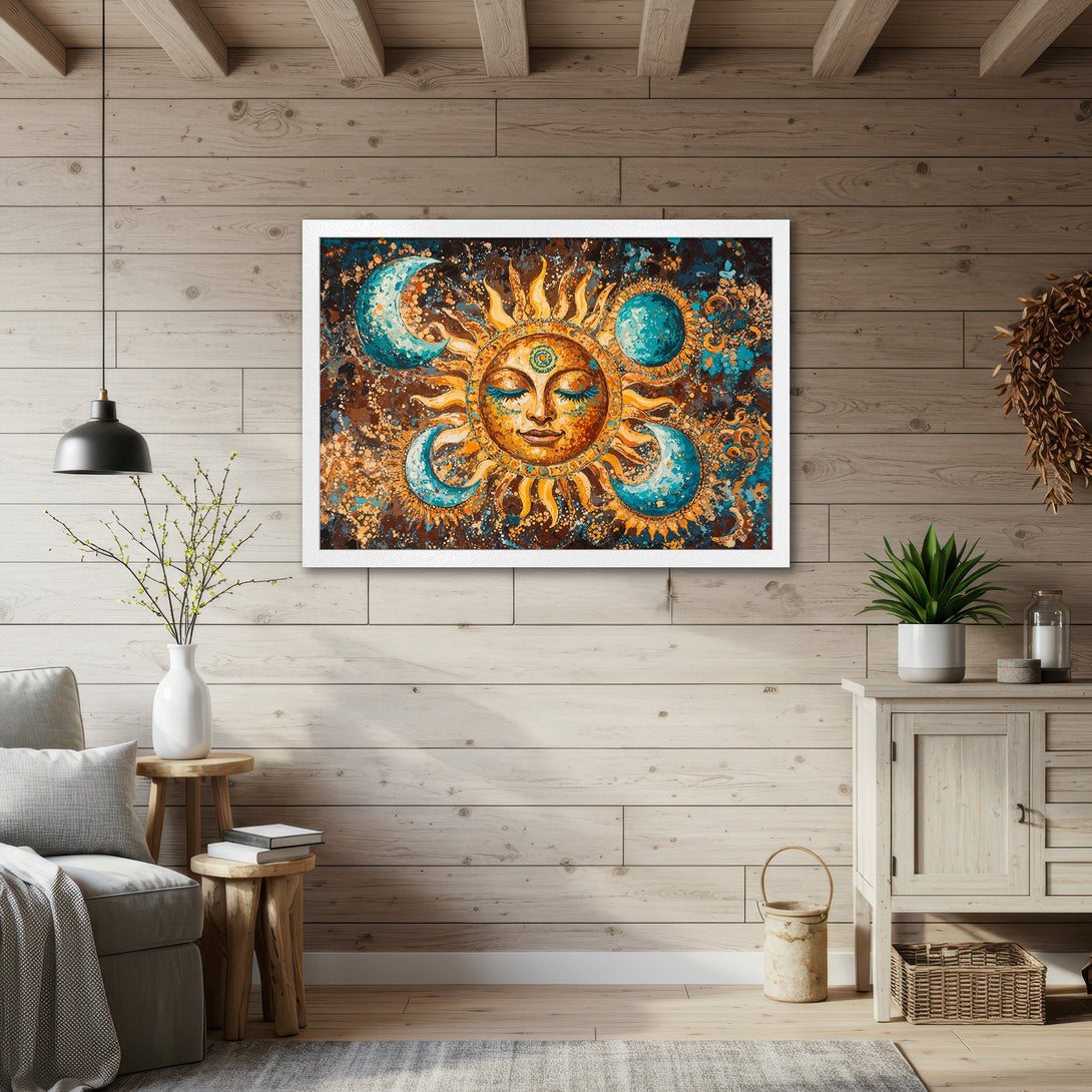 Framed Poster featuring a celestial sun and moon design in a vibrant, bohemian style with a warm, earthy color palette. Perfect wall art!