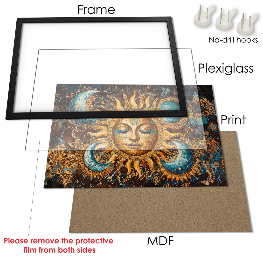 Framed Poster featuring a celestial sun and moon design in a vibrant teal, gold, and brown color palette. Perfect wall art!