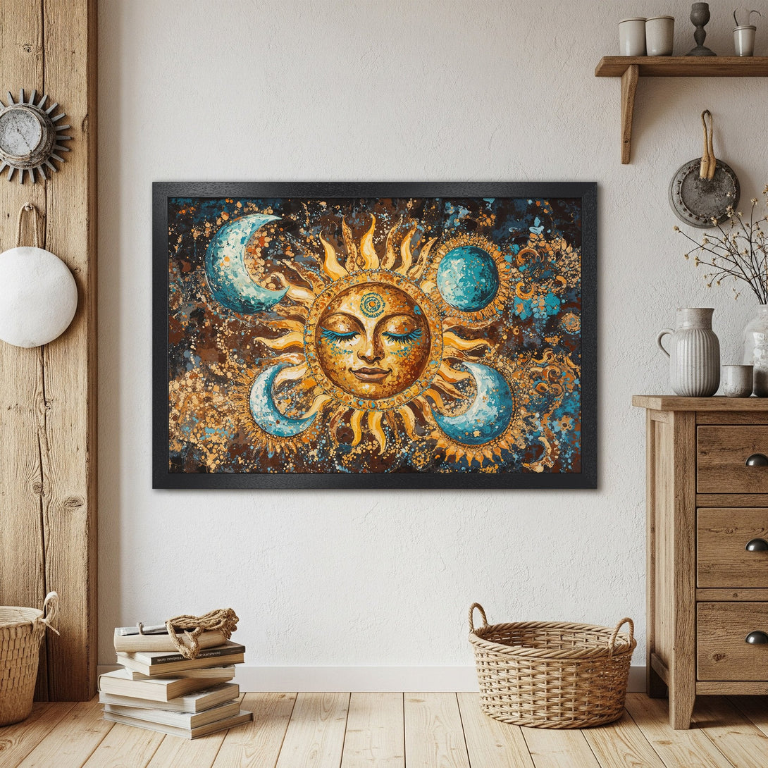 Framed Poster featuring a celestial sun and moon design, in a bohemian style with a warm, earthy color palette. Perfect wall art!