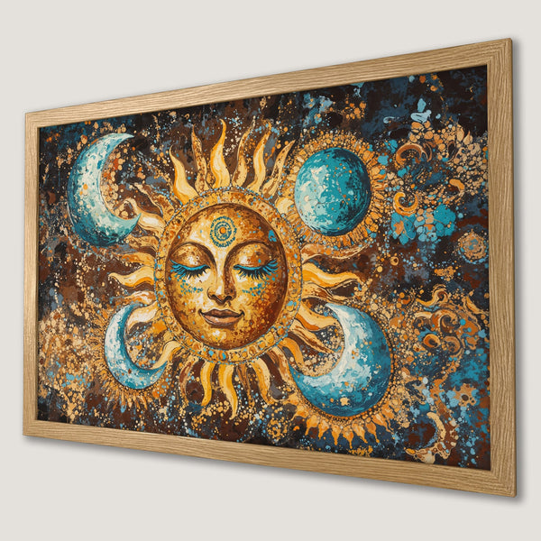 Framed Poster featuring a sun and moon celestial design in a vibrant, abstract style with a warm, earthy color palette.