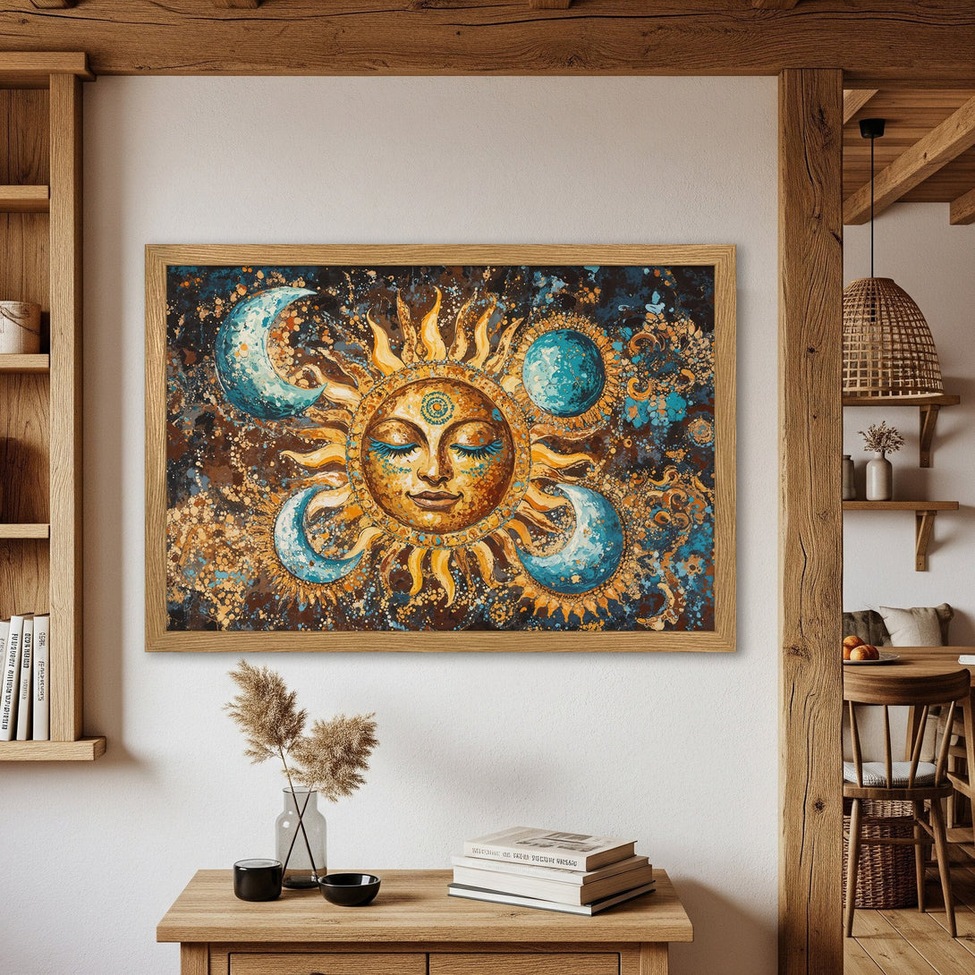 Framed Poster featuring a celestial sun and moon design. Artistic style with a warm, earthy color palette of gold, blue, and brown. Perfect wall art!